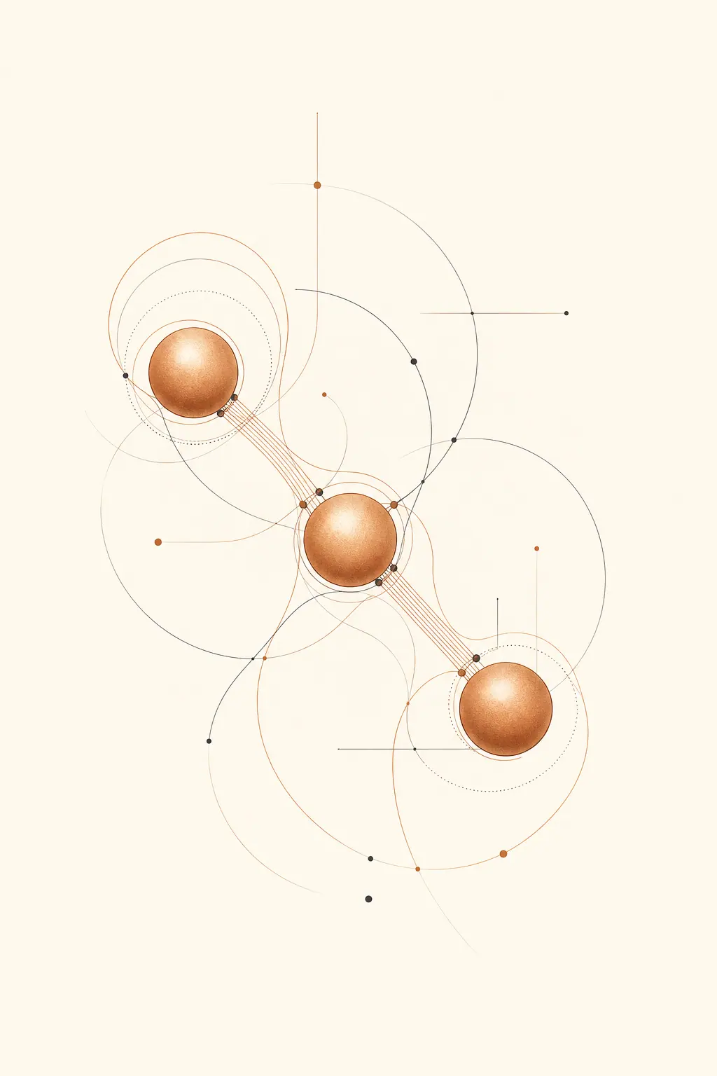 Editoriale Illustration: Abstrakte Kupfer-Tripeptid-Struktur als minimalistische Linienzeichnung auf warmem Off-White, drei miteinander verbundene Knoten mit Kupfer-Farbakzent