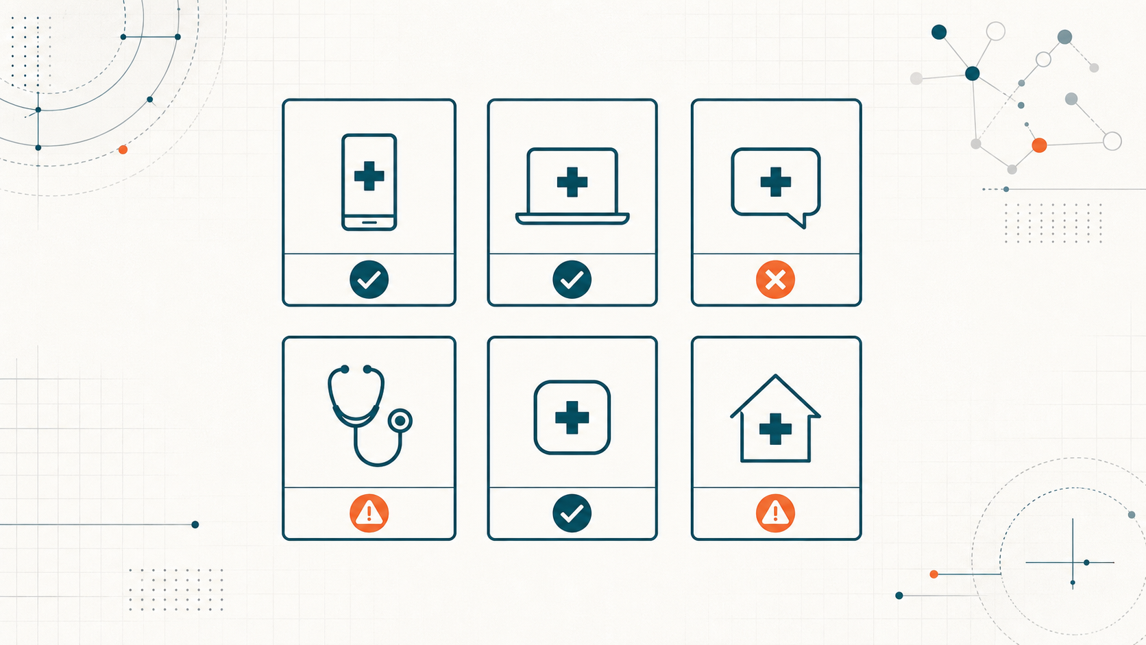 Editoriale Illustration: 2x3-Grid Telemed-Plattform-Karten mit Compliance-Markern aus Verbraucherzentralen-Testkauf