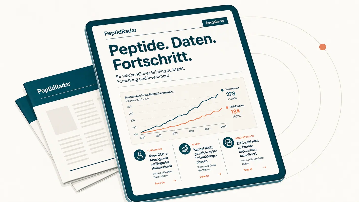 Editoriale Illustration: aufgeschlagene PeptidRadar-Briefing-Ausgabe auf einem Tablet, mit Schlagzeile, Markt-Chart und drei Teaser-Blöcken