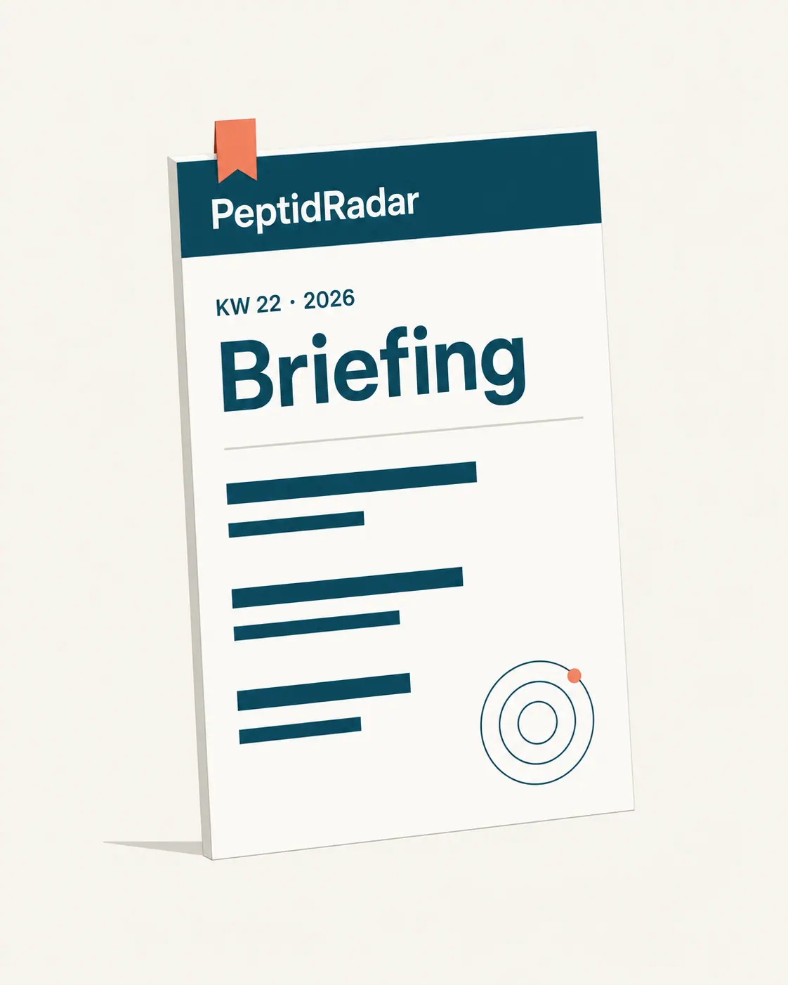Editoriale Illustration: stilisierte Cover-Vorschau einer wöchentlichen PeptidRadar-Ausgabe mit Datum, Schlagzeile und Radar-Marker