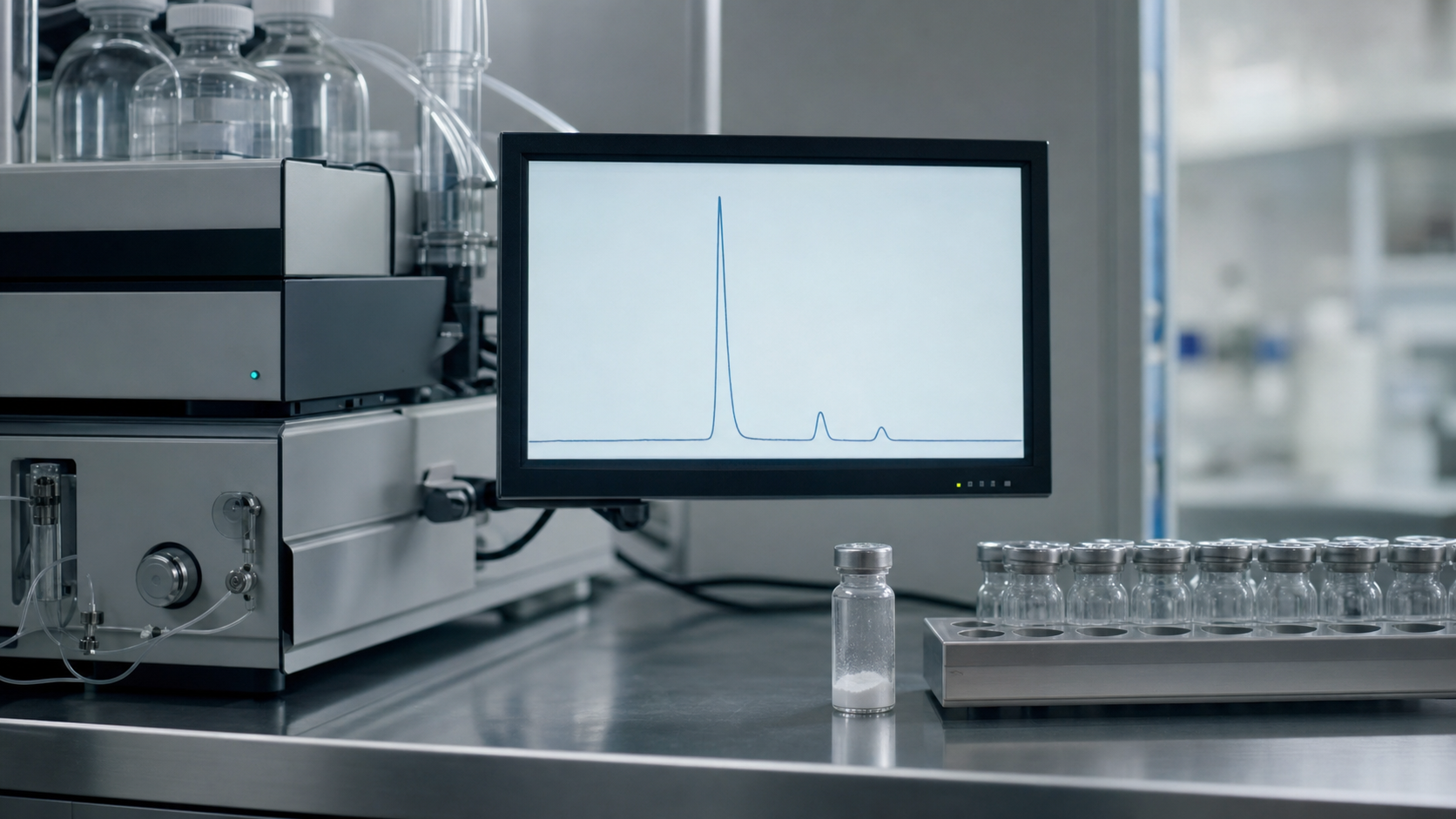 Fotorealistisches Laborbild: ein HPLC-Chromatogramm mit scharfem Hauptpeak auf dem Monitor eines Fluessigkeitschromatographie-Geraets, Reinheitsanalyse eines Peptids