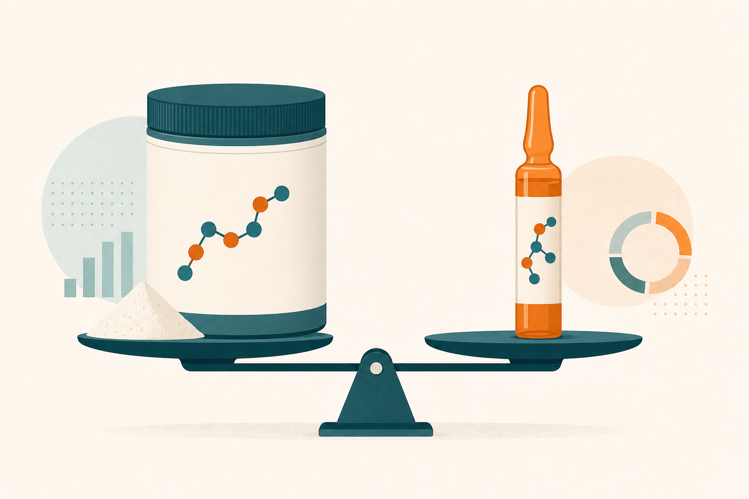Editoriale Illustration: Kollagen-Pulverdose neben Trinkampulle mit Preis-pro-Gramm-Waage als Vergleichsmotiv, kein Produktbranding