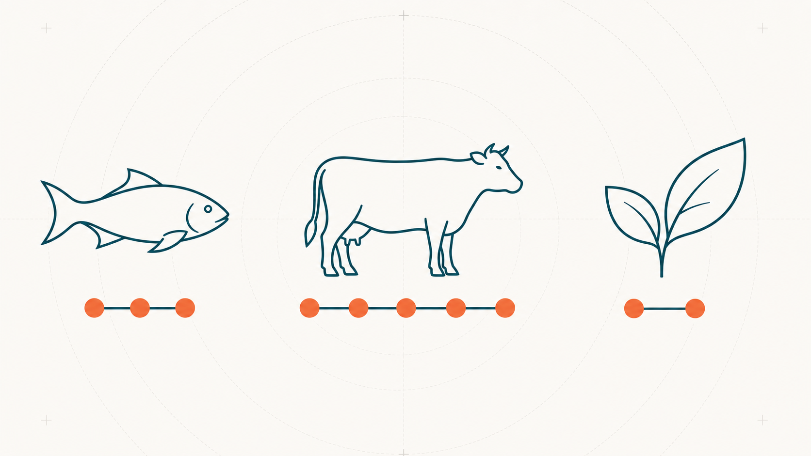 Editoriale Illustration: drei stilisierte Kollagen-Quellen-Icons (Fisch-, Rinder-, Pflanze-Silhouette) in Petrol mit Peptid-Ketten-Größenvergleich