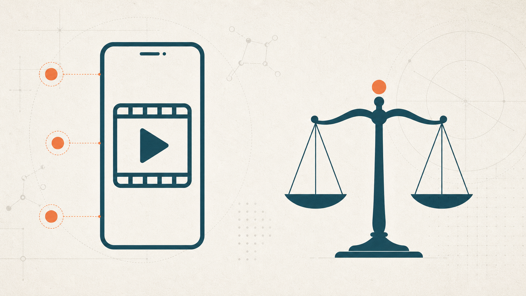 Editoriale Illustration: abstraktes Smartphone-Reel-Icon mit HWG-Pflichthinweis-Markern und Justizwaage