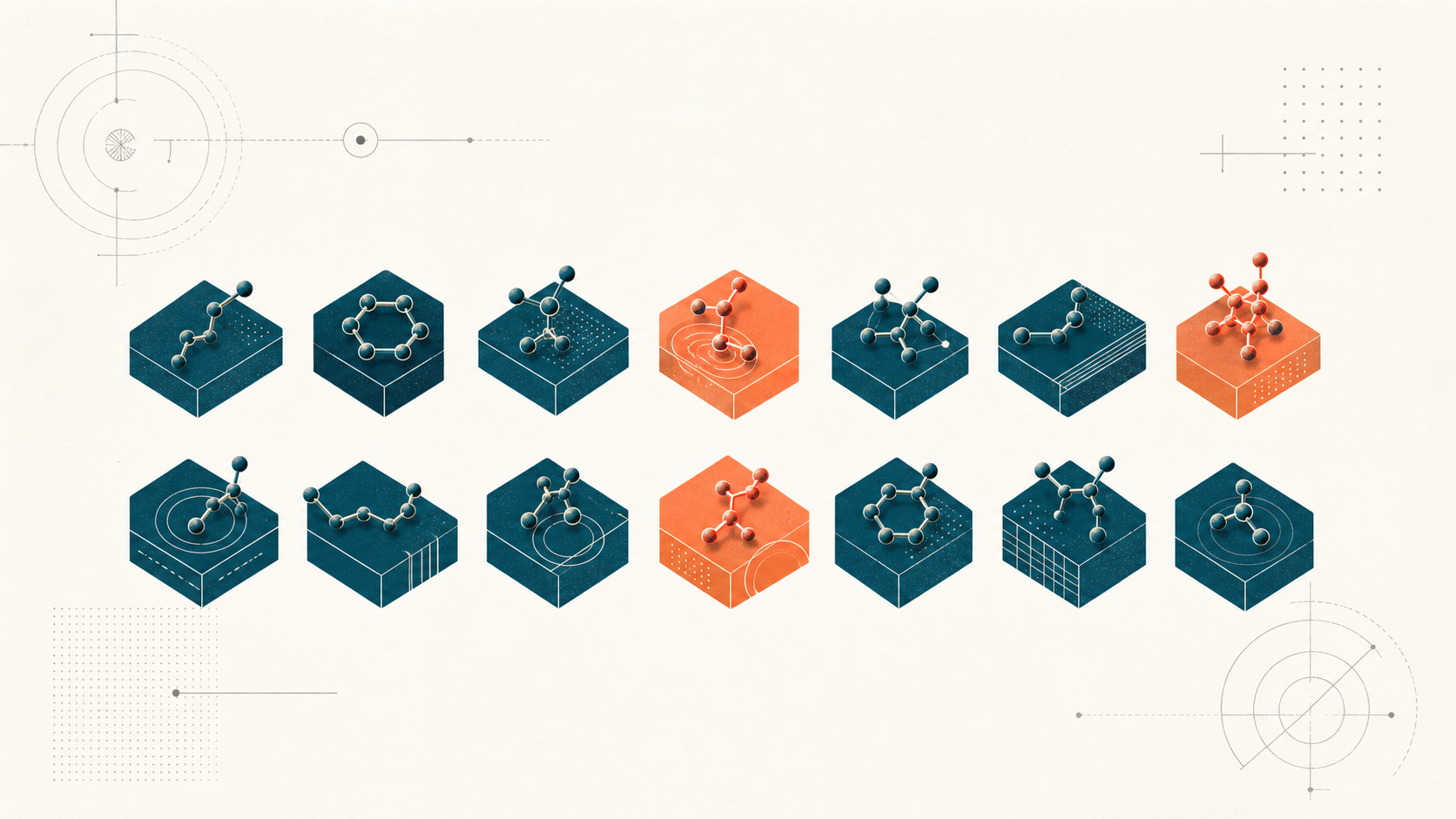Editoriale Illustration: Roster-Grid mit 14 Peptid-Bloecken, drei orange (RFK / FDA)