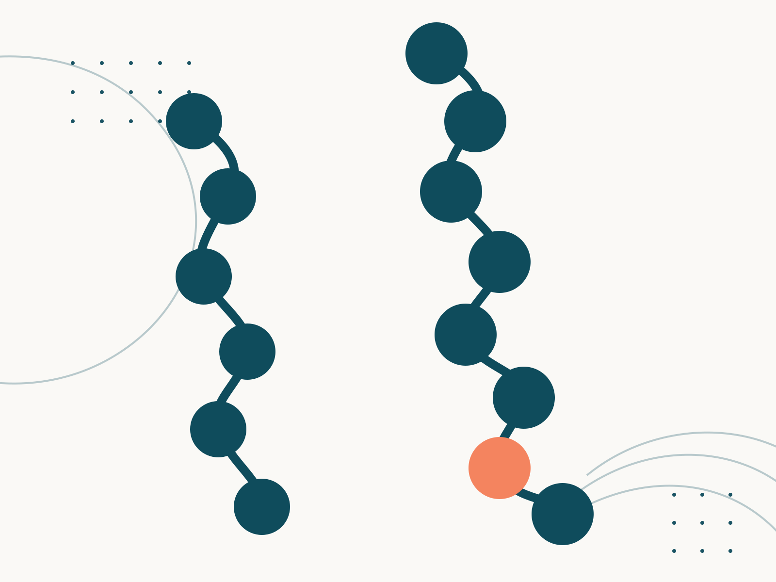 Editoriale Illustration zu SNAP-8 (Acetyl Octapeptide-3): zwei stilisierte Peptidketten in Petrol und Off-White im Vergleich zu Argireline, eine Kette länger als die andere