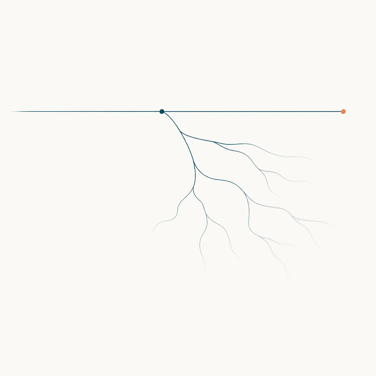 Editoriale Illustration: eine Linie teilt sich an einem Punkt in zwei Pfade, ein Pfad endet scharf in einem Signal-Orange-Akzent, der andere verliert sich in blassen Verzweigungen darunter (RCT, randomisierte kontrollierte Studie)