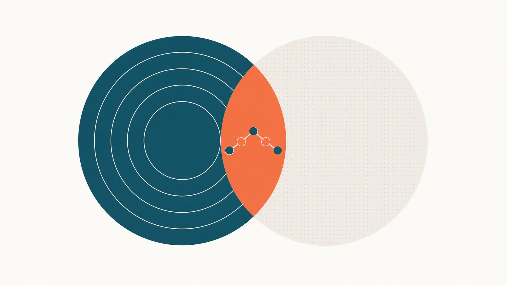 Editoriale Illustration: abstrakte Überschneidung zweier Sphären (traditioneller Sport in Petrol, Enhanced-Sphäre in Paper-Dim) mit Peptid-Kette in der orangenen Schnittmenge