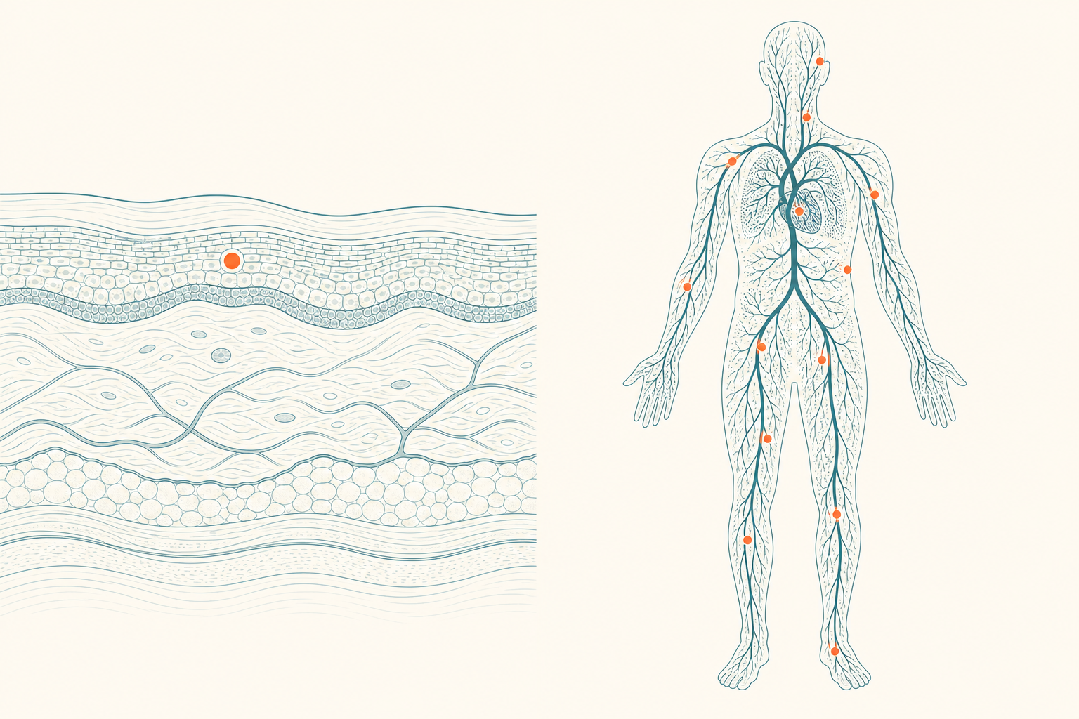Editoriale Illustration zu Peptid-Wirkung, geteilt in zwei Hälften: links ein abstrakter Hautquerschnitt mit einem orangen Punkt in der obersten Schicht für lokale Wirkung, rechts ein verzweigtes Gefäßnetz durch eine abstrakte Körpersilhouette mit mehreren orangen Punkten für systemische Wirkung